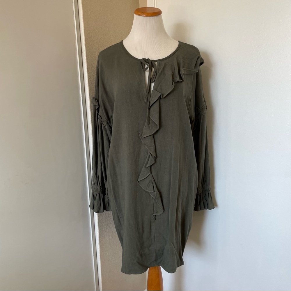 Linen Blend Olive Green Ruffle Dress